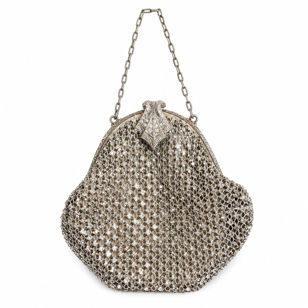 ⚜️84. 1920s Crystal Mesh Evening Bag Silver Plated Satin Art Deco Clutch